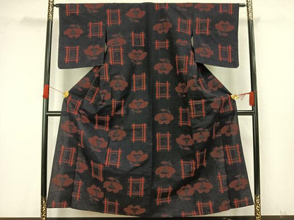 平和屋着物▽上質な紬　単衣　草花文　正絹　逸品　AAAW7868fy