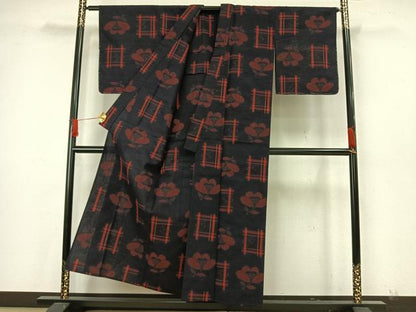 平和屋着物▽上質な紬　単衣　草花文　正絹　逸品　AAAW7868fy