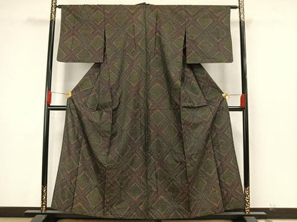 平和屋着物▽上質な紬　単衣　幾何学文様　正絹　逸品　AAAW7870fy