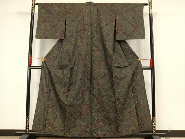 平和屋着物▽上質な紬　単衣　幾何学文様　正絹　逸品　AAAW7870fy
