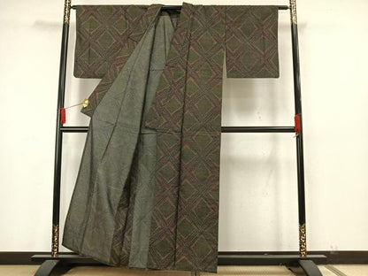 平和屋着物▽上質な紬　単衣　幾何学文様　正絹　逸品　AAAW7870fy