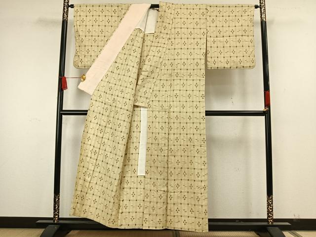 平和屋着物▽上質な紬 単衣 幾何学文様 正絹 逸品 AAAW7874fy