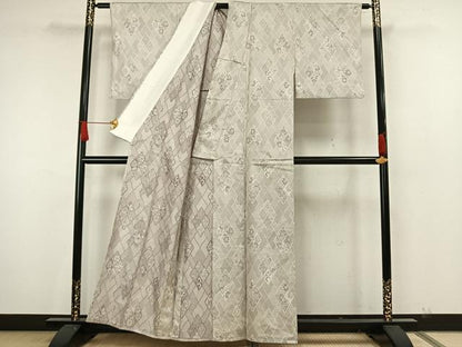 平和屋着物▽上質なお召　単衣　吉祥花文　正絹　逸品　AAAW7876fy