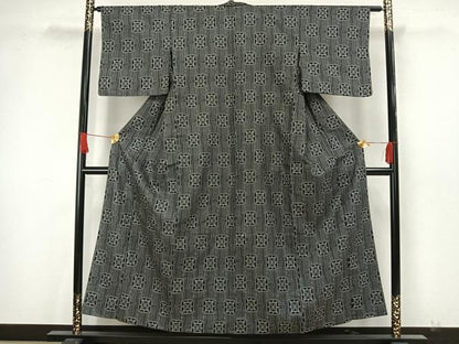 平和屋着物▽上質なお召　単衣　幾何学文様　黒地　正絹　逸品　AAAW7877fy