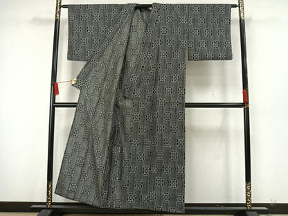 平和屋着物▽上質なお召　単衣　幾何学文様　黒地　正絹　逸品　AAAW7877fy