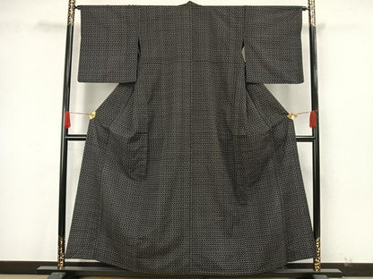 平和屋着物▽本塩沢 単衣 幾何学文様 黒地 正絹 逸品 AAAW7879fy