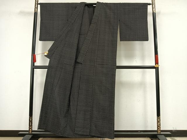 平和屋着物▽本塩沢 単衣 幾何学文様 黒地 正絹 逸品 AAAW7879fy