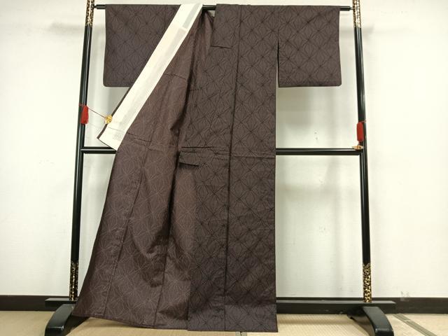 平和屋着物▽お召 単衣 麻の葉文様 正絹 逸品 AAAW7882fy