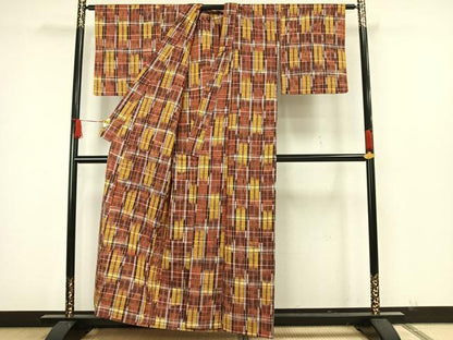 平和屋着物▽上質な紬 単衣 格子 正絹 逸品 AAAW7884fy