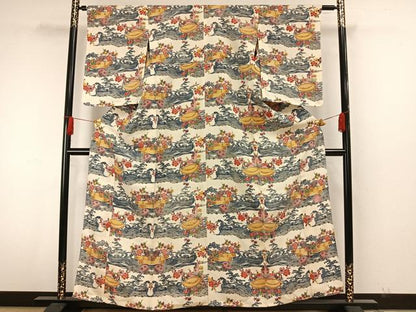 平和屋着物▽上質な小紋 単衣 型染め 風景草花文 正絹 逸品 AAAW7892fy
