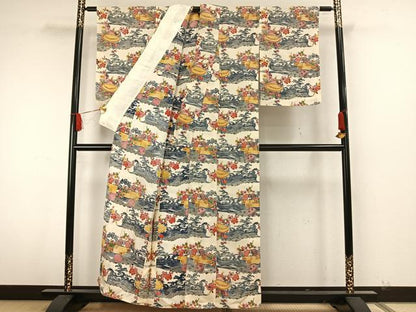 平和屋着物▽上質な小紋 単衣 型染め 風景草花文 正絹 逸品 AAAW7892fy