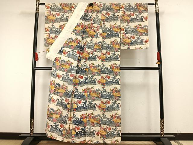 平和屋着物▽上質な小紋 単衣 型染め 風景草花文 正絹 逸品 AAAW7892fy