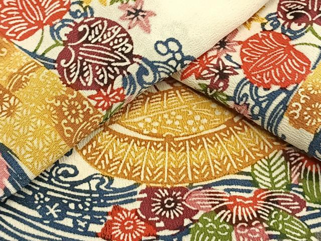 平和屋着物▽上質な小紋 単衣 型染め 風景草花文 正絹 逸品 AAAW7892fy