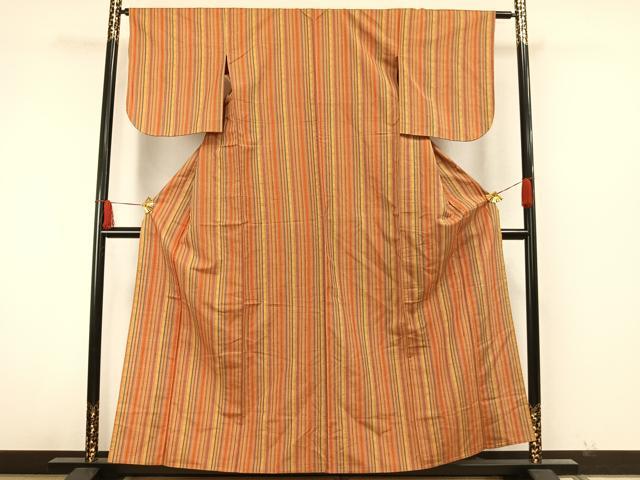 平和屋着物▽上質な紬 単衣 縞 正絹 逸品 AAAW7898fy