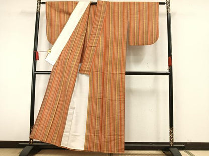 平和屋着物▽上質な紬 単衣 縞 正絹 逸品 AAAW7898fy