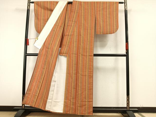 平和屋着物▽上質な紬 単衣 縞 正絹 逸品 AAAW7898fy