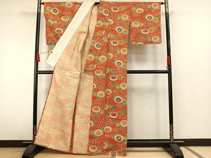 平和屋着物▽上質な小紋 単衣 紬地 型染め 花唐草文 西武百貨店扱い 正絹 逸品 AAAW7899fy