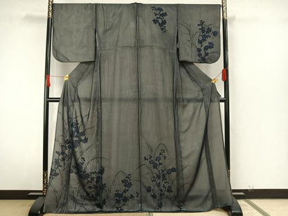 平和屋着物▽訪問着 無双 紗袷 紗×絽 手描き 草花文 正絹 逸品 AAAW7900fy