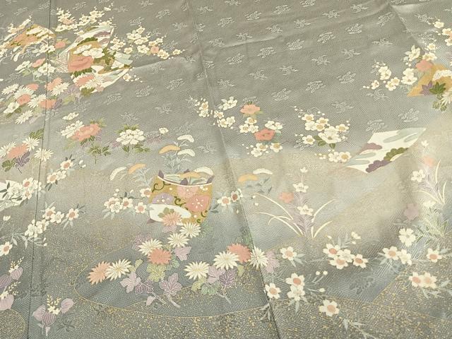 平和屋着物▽訪問着 単衣 熨斗草花文 金彩 正絹 逸品 AAAW7905fy
