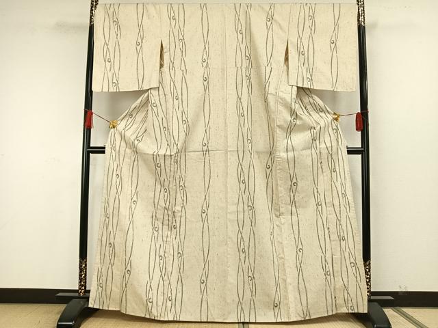 平和屋着物▽ぜんまい紬　単衣　幾何学文様　正絹　逸品　AAAW7906fy