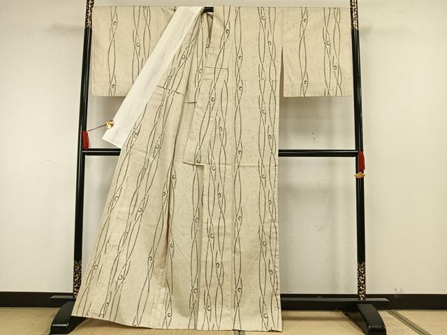 平和屋着物▽ぜんまい紬　単衣　幾何学文様　正絹　逸品　AAAW7906fy