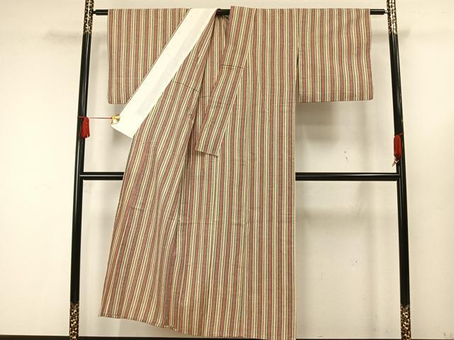 平和屋着物▽上質な紬 単衣 縞 正絹 逸品 AAAW7910fy