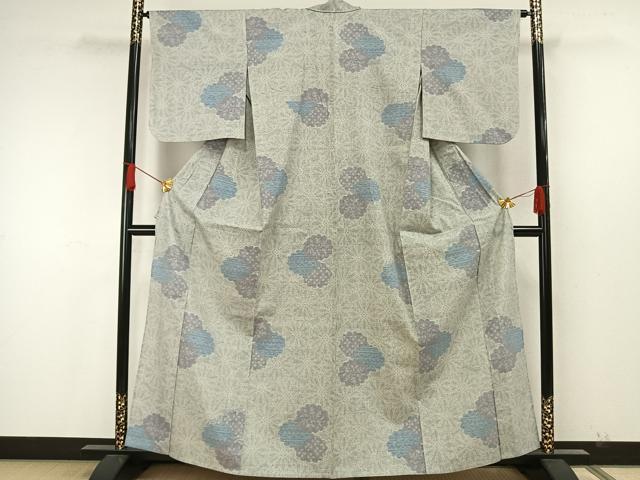 平和屋着物▽本場結城紬　単衣　重要無形文化財　100亀甲　吉祥花文　正絹　逸品　AABK8487ck