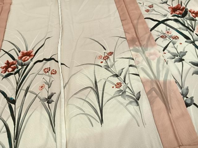 平和屋着物▽訪問着 無双 紗袷 紗×絽 手描き 草花文 正絹 逸品 AAAW7915fy