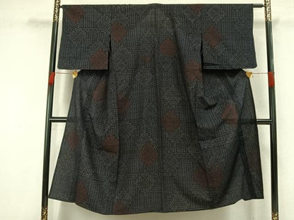 平和屋着物▽結城ちぢみ 単衣 幾何学文様 正絹 逸品 AAAW7916fy