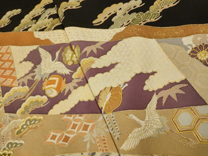 平和屋着物■豪華黒留袖 駒刺繍 飛鶴宝尽くし 金糸 金彩 正絹 逸品 AAAW8496fw