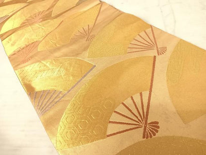 平和屋着物◎六通柄袋帯 舞扇文 金糸 正絹 逸品 AAAW8891yx