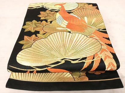 平和屋着物◎六通柄袋帯 孔雀花文 黒地 金糸 正絹 逸品 AAAW8974yx