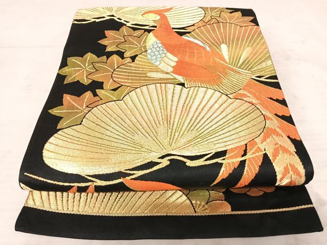 平和屋着物◎六通柄袋帯 孔雀花文 黒地 金糸 正絹 逸品 AAAW8974yx