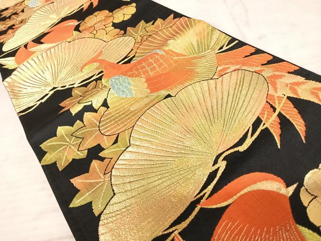 平和屋着物◎六通柄袋帯 孔雀花文 黒地 金糸 正絹 逸品 AAAW8974yx