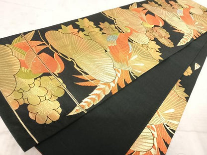 平和屋着物◎六通柄袋帯 孔雀花文 黒地 金糸 正絹 逸品 AAAW8974yx