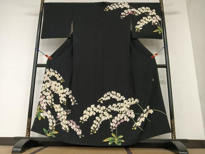平和屋着物●訪問着　友禅　作家物　胡蝶蘭　黒地　正絹　逸品　AAAW9073zg