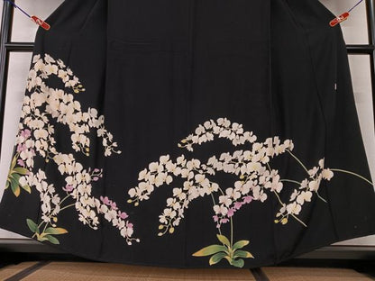 平和屋着物●訪問着　友禅　作家物　胡蝶蘭　黒地　正絹　逸品　AAAW9073zg