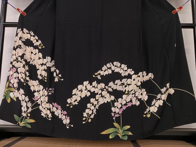 平和屋着物●訪問着　友禅　作家物　胡蝶蘭　黒地　正絹　逸品　AAAW9073zg