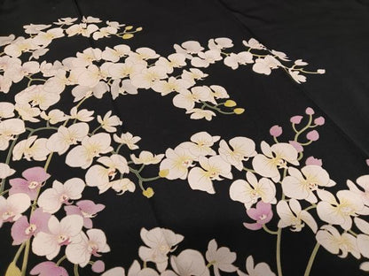 平和屋着物●訪問着　友禅　作家物　胡蝶蘭　黒地　正絹　逸品　AAAW9073zg