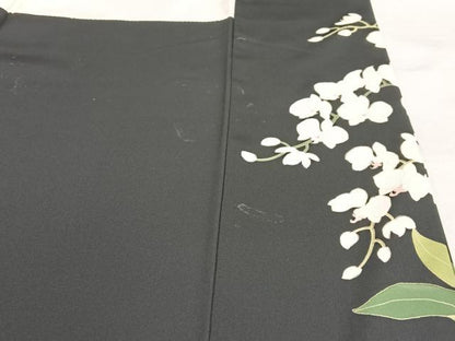 平和屋着物●訪問着　友禅　作家物　胡蝶蘭　黒地　正絹　逸品　AAAW9073zg
