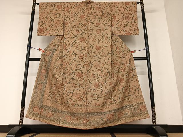 平和屋着物●訪問着　紬地　ろうけつ染め　バティック　更紗花文　正絹　逸品　未使用　AAAW9107zg