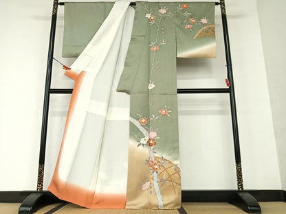 平和屋着物●訪問着　駒刺繍　花籬文　暈し染め　金彩　正絹　逸品　AAAW9115zg