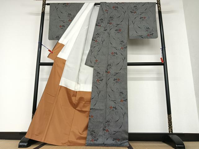 平和屋着物●上質な紬　枝花文　正絹　逸品　AAAW9129zg