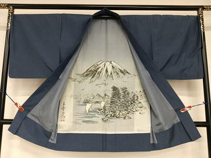 平和屋着物●男性 紬 アンサンブル 色無地 深縹色 正絹 逸品 AAAW9153zg