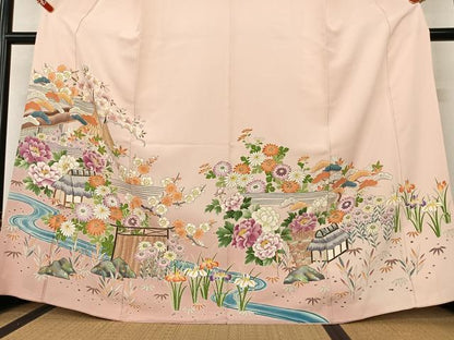 平和屋着物●訪問着 友禅 手描き 松竹梅風景花文 暈し染め 金彩 正絹 逸品 AAAW9217zg