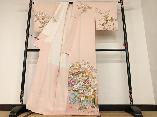 平和屋着物●訪問着 友禅 手描き 松竹梅風景花文 暈し染め 金彩 正絹 逸品 AAAW9217zg
