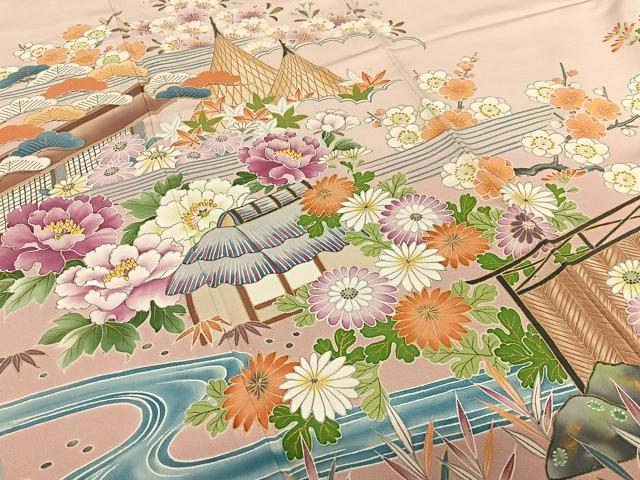 平和屋着物●訪問着 友禅 手描き 松竹梅風景花文 暈し染め 金彩 正絹 逸品 AAAW9217zg