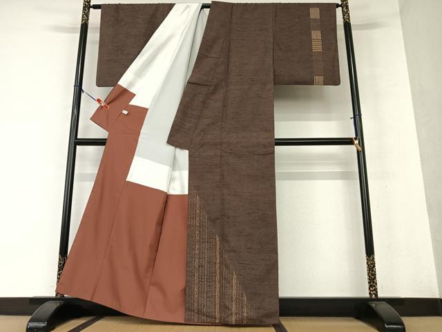 平和屋着物●訪問着　紬地　間道　正絹　逸品　AAAW9305zg