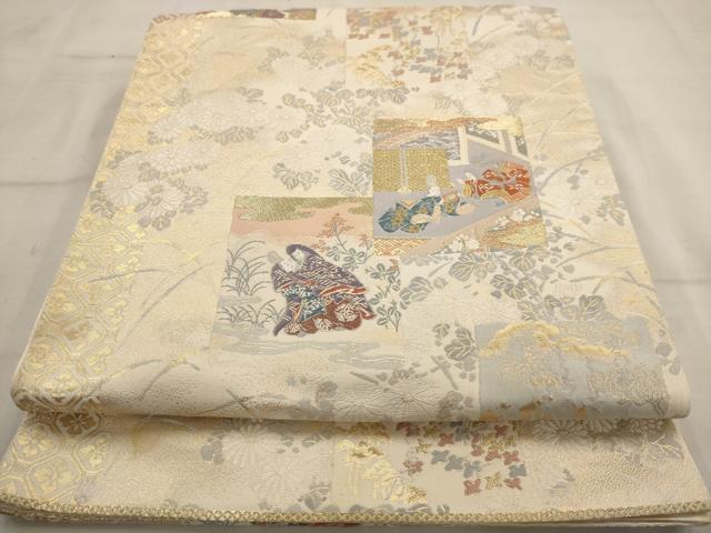 平和屋着物◎六通柄袋帯 色紙物語絵文 金糸 正絹 逸品 AAAW9670dt