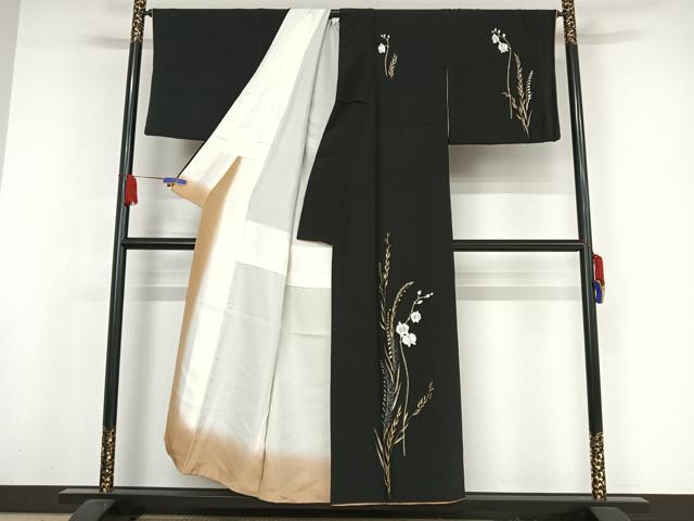 平和屋着物●訪問着　胡蝶蘭　黒地　金銀彩　正絹　逸品　AAAX0026np